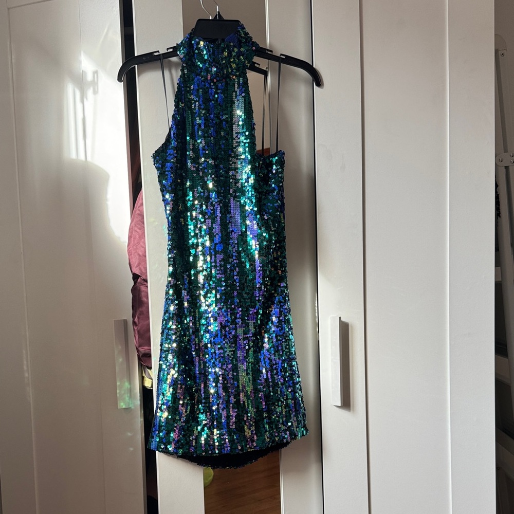 ALIX NYC Sequin Backless Dress in Blue and Green